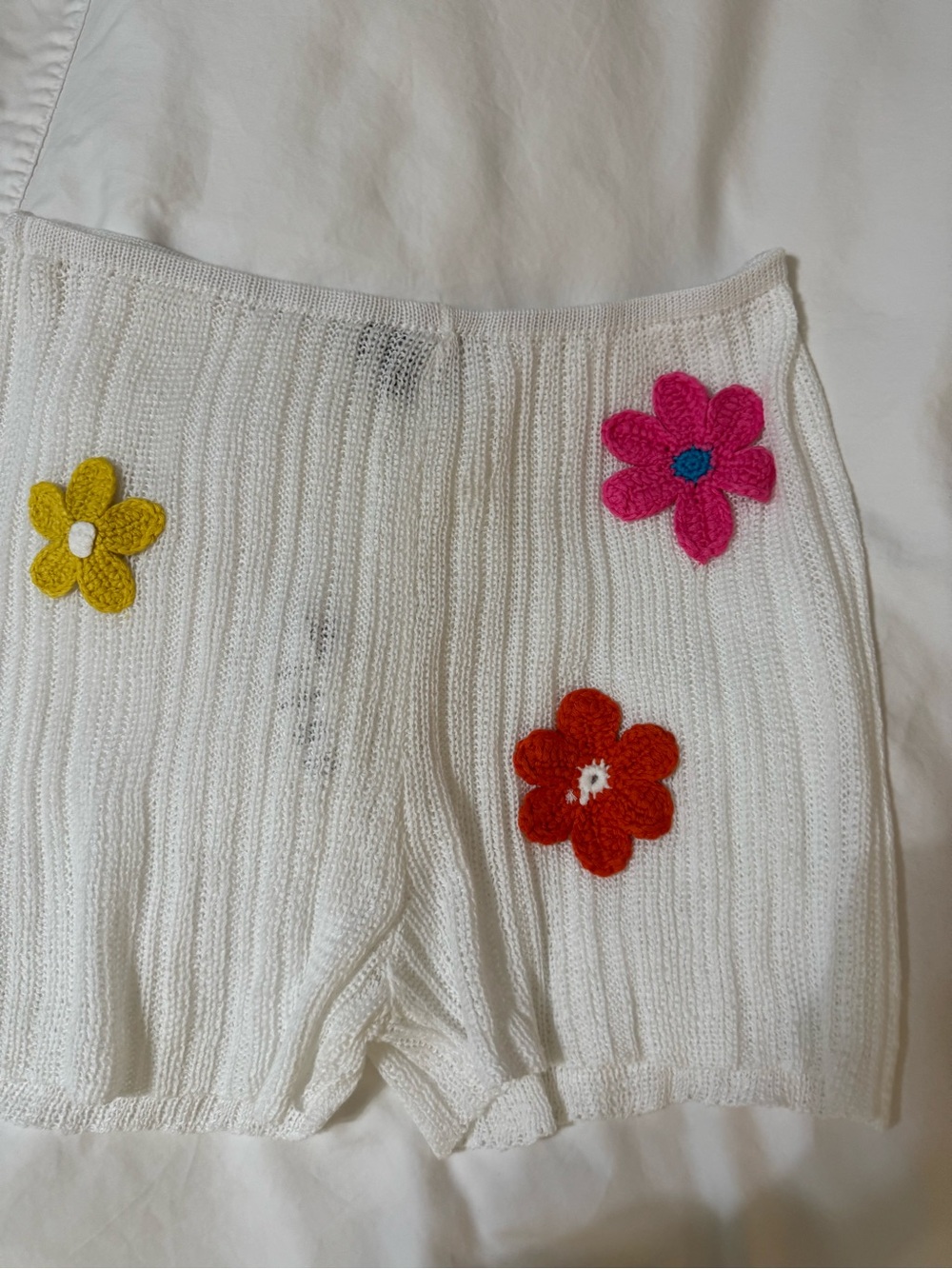 PrettyLittleThing White Knit Swim Coverup Shorts with Floral Appliqués